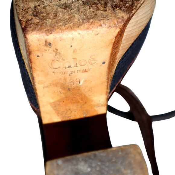 Women's Chloe Brown & Navy Leather-Canvas Strappy Block Heels Sz 39/US 9 - Picture 7 of 7